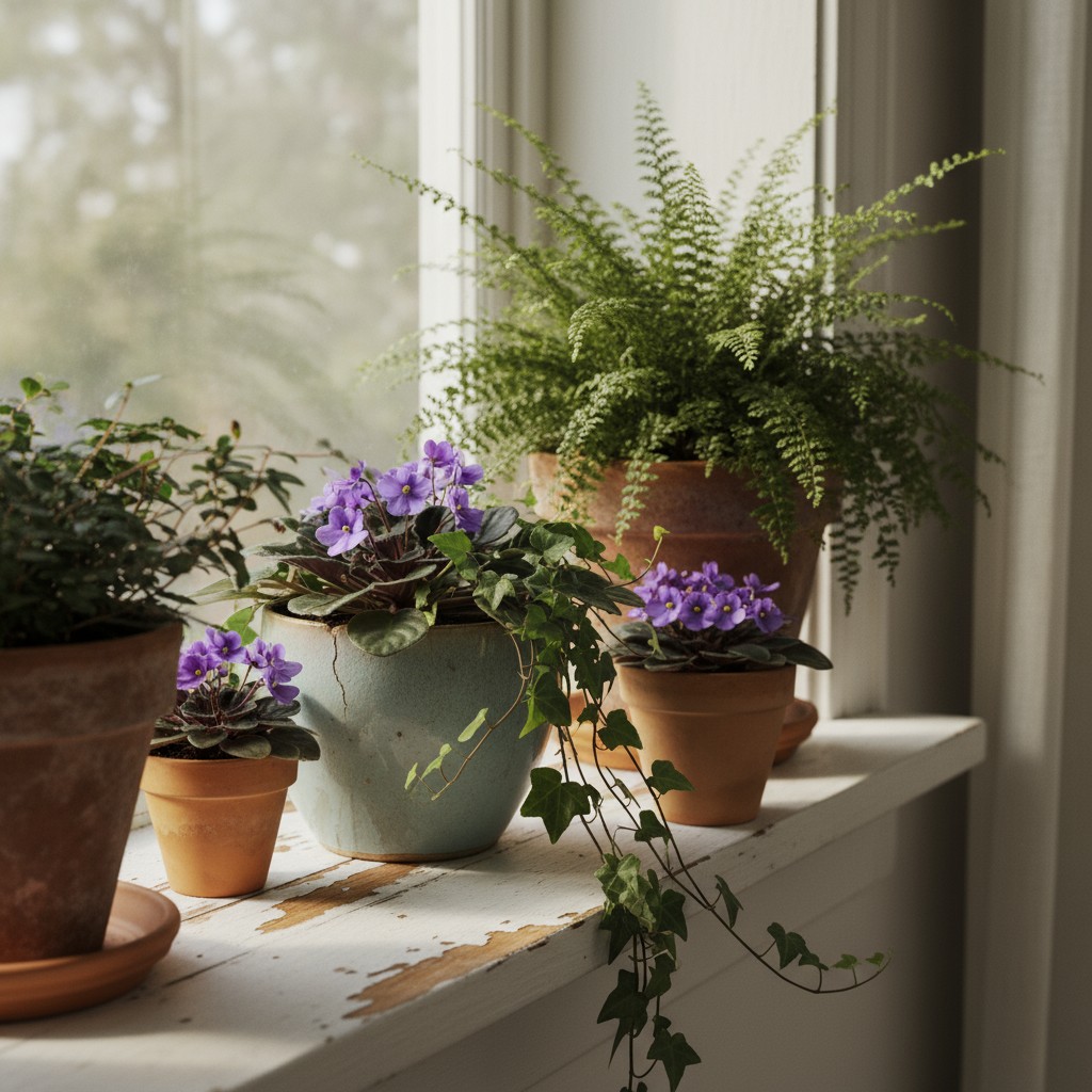 A side shot of pots of potted plants of any variety on a window sill looking into a green white blurred garden.