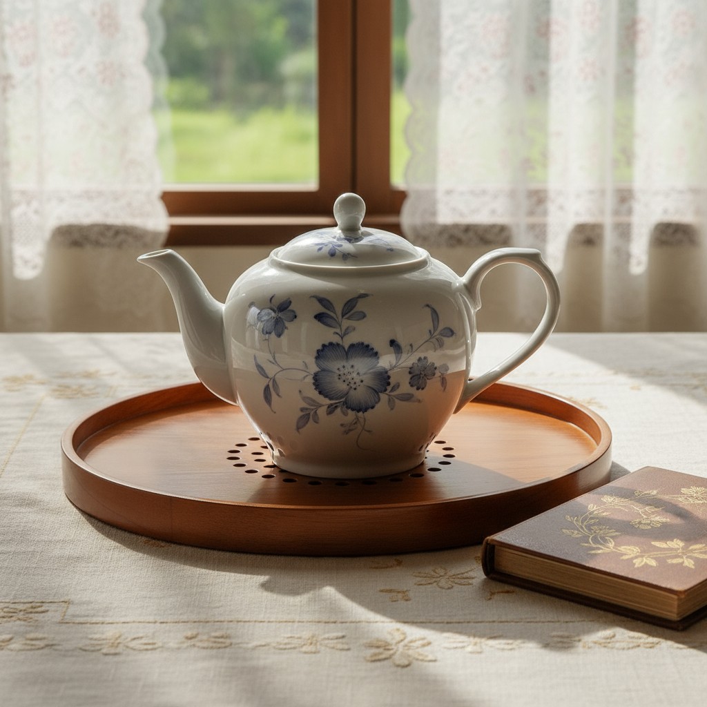 a teapot sits on a wood circular tray next to a book with a brown cover on a table in front of a window. brown book with a...