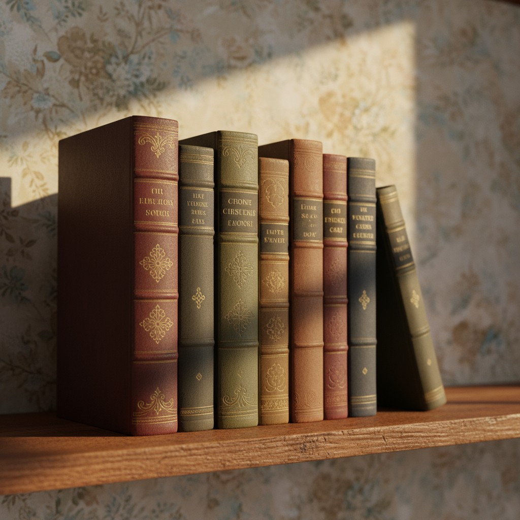 a shelf of vintage books, muted colors, ornate covers, wood and floral wallpapered background, sunlight.