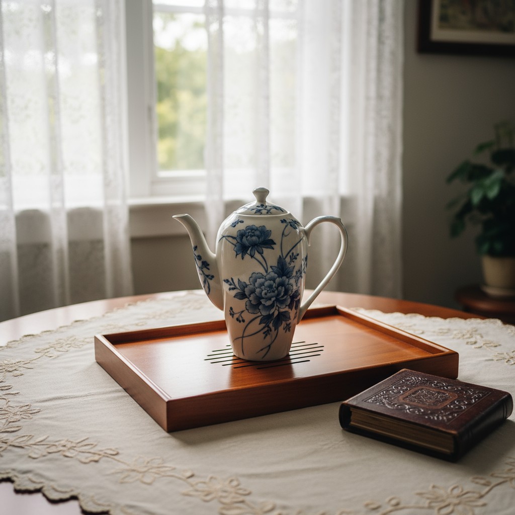 A serene room scene: a teapot and tray gracefully sharing a table with a book, set against a delicate lace tablecloth and ...