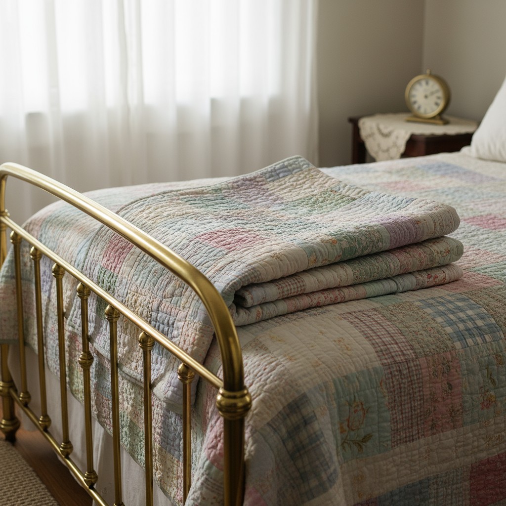 A folded quilt on a brass-tufted bed, with a nightstand and an alarm clock on it.